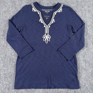 Lilly Pulitzer Top Women's Small Blue Embroidered V Neck Long Sleeve Cotton